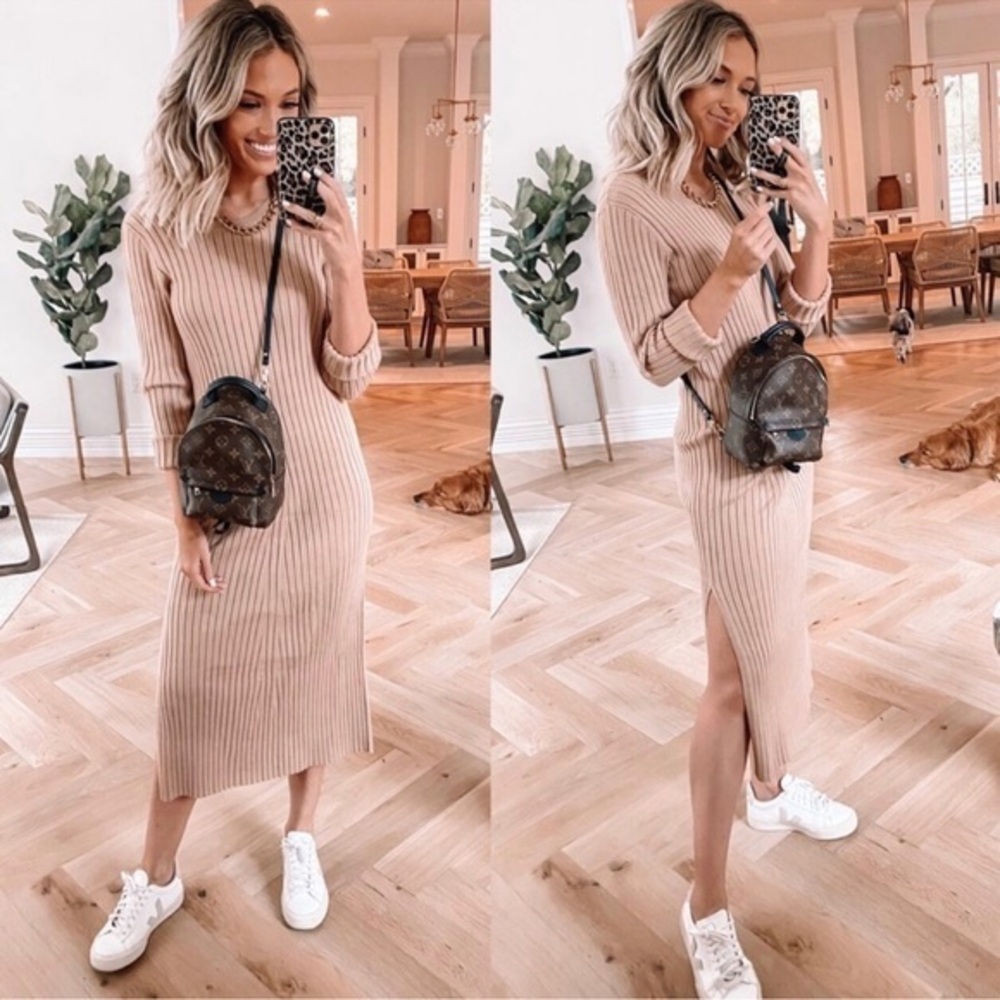 NWT WAYF DEDE & EMILY BFF COLLECTION CAMEL RIBBED MIDI DRESS - Size XS SKU:352
